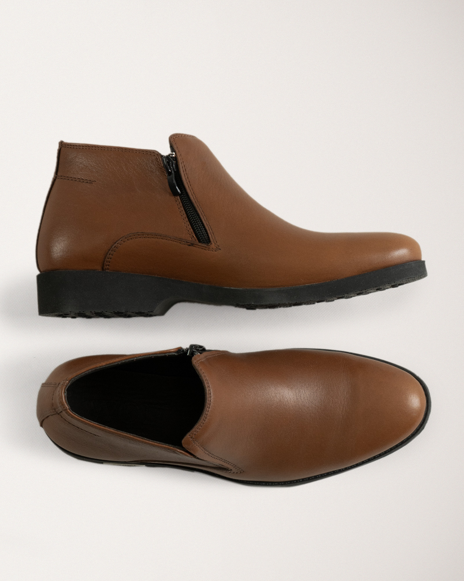 کفش نیم بوت زیپدار بدون بند با چرم طبیعی عسلی  19359100