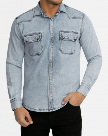 پیراهن مردانه آستین بلند جین ساده آبی روشن 22474159